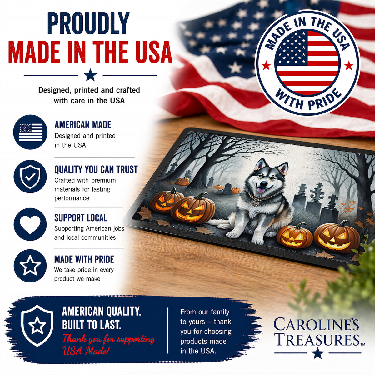 Caroline's Treasures DAC2007JMAT Alaskan Malamute Spooky Halloween Indoor or Outdoor Mat 24x36 Front Door Mat Indoor Outdoor Rugs for Entryway, Non Slip Washable Low Pile, 24H X 36W