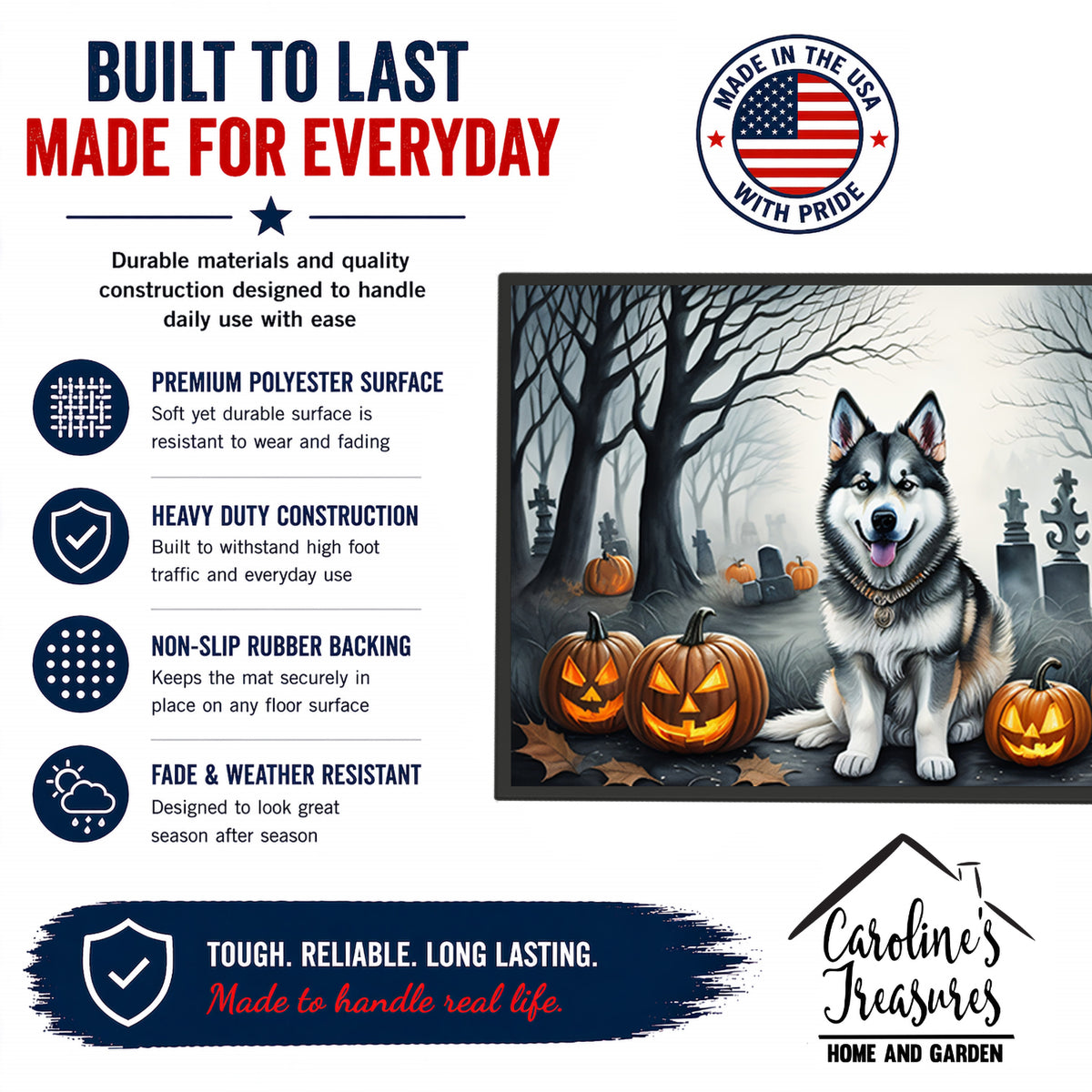 Caroline's Treasures DAC2007JMAT Alaskan Malamute Spooky Halloween Indoor or Outdoor Mat 24x36 Front Door Mat Indoor Outdoor Rugs for Entryway, Non Slip Washable Low Pile, 24H X 36W