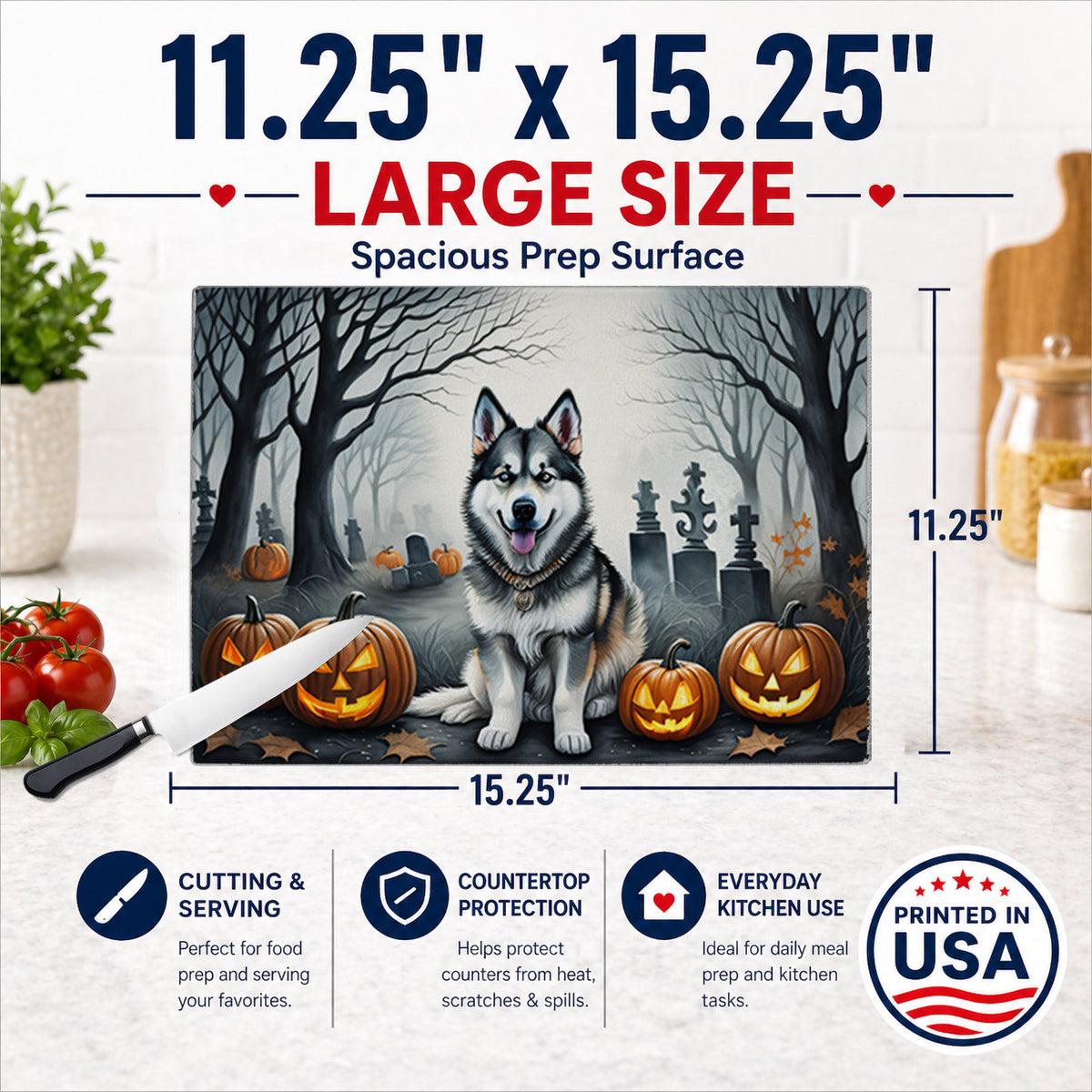 Caroline's Treasures DAC2007LCB Alaskan Malamute Spooky Halloween Glass Cutting Board Large Decorative Tempered Glass Kitchen Cutting and Serving Board Large Size Chopping Board