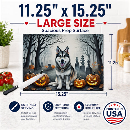 Caroline's Treasures DAC2007LCB Alaskan Malamute Spooky Halloween Glass Cutting Board Large Decorative Tempered Glass Kitchen Cutting and Serving Board Large Size Chopping Board