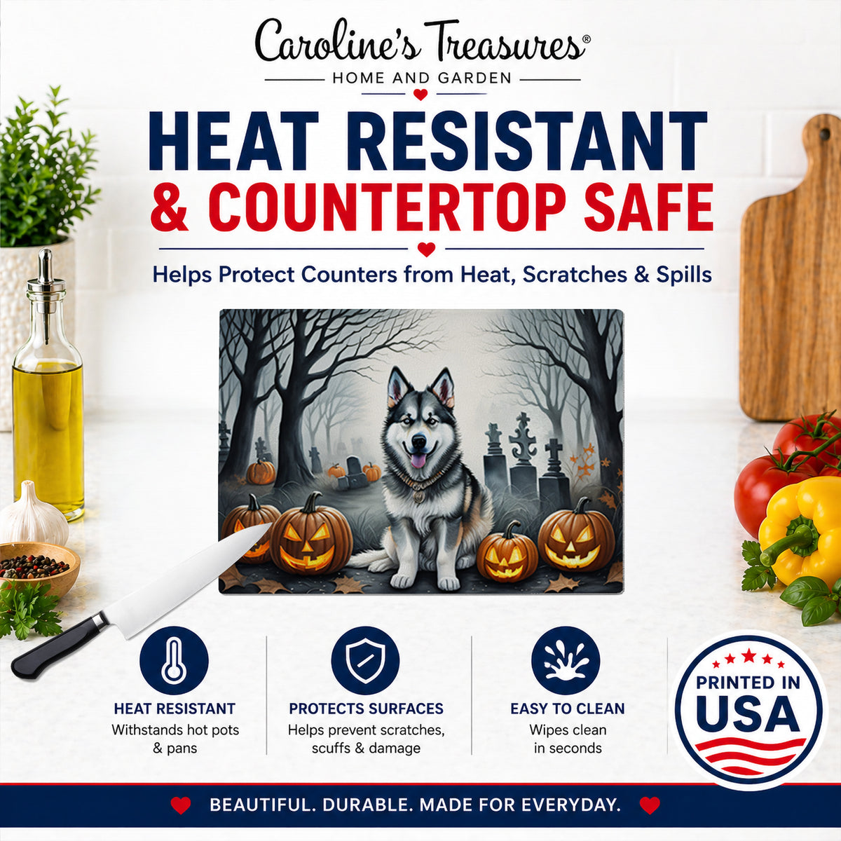 Caroline's Treasures DAC2007LCB Alaskan Malamute Spooky Halloween Glass Cutting Board Large Decorative Tempered Glass Kitchen Cutting and Serving Board Large Size Chopping Board