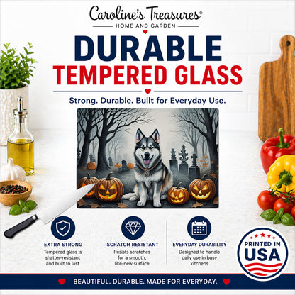 Caroline's Treasures DAC2007LCB Alaskan Malamute Spooky Halloween Glass Cutting Board Large Decorative Tempered Glass Kitchen Cutting and Serving Board Large Size Chopping Board