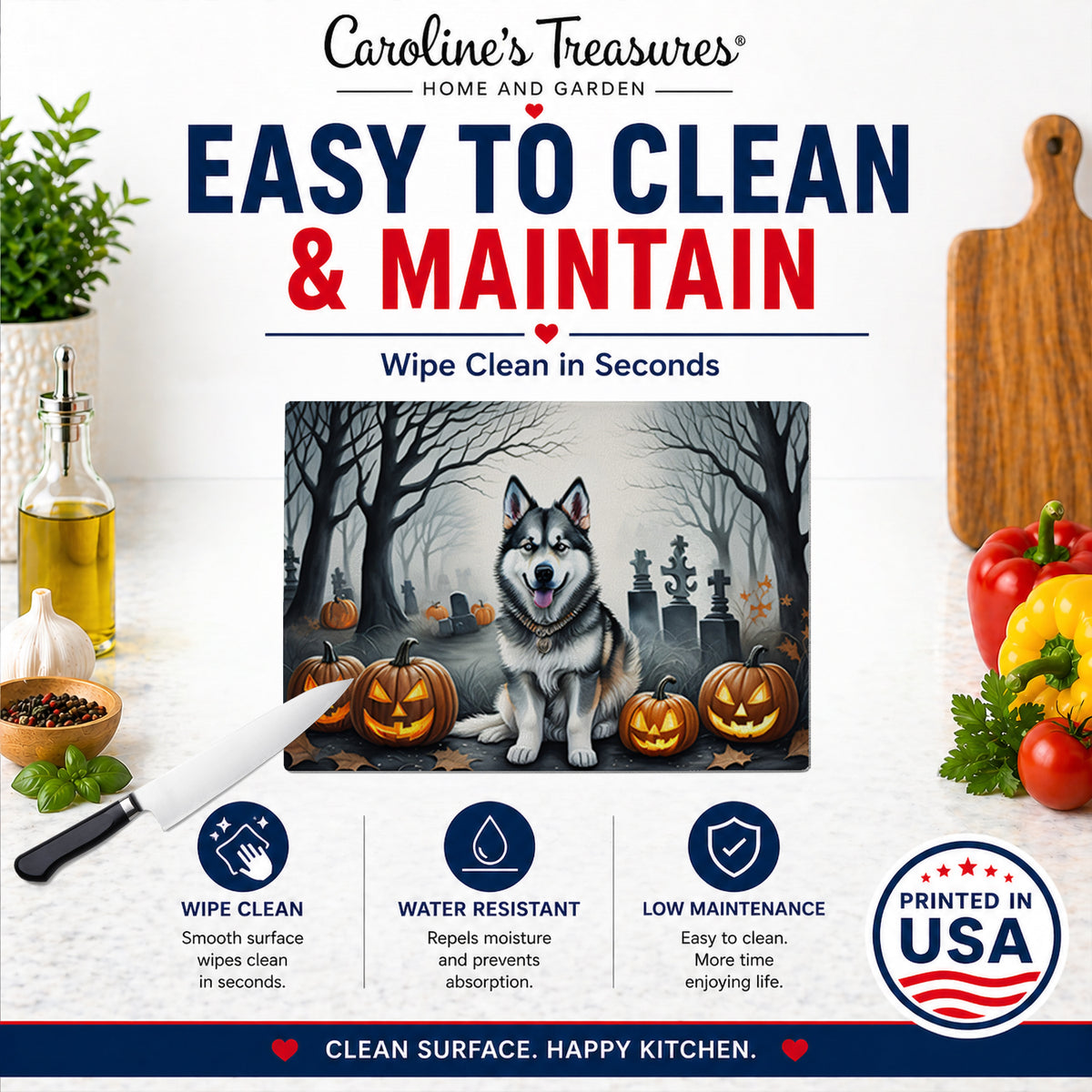 Caroline's Treasures DAC2007LCB Alaskan Malamute Spooky Halloween Glass Cutting Board Large Decorative Tempered Glass Kitchen Cutting and Serving Board Large Size Chopping Board