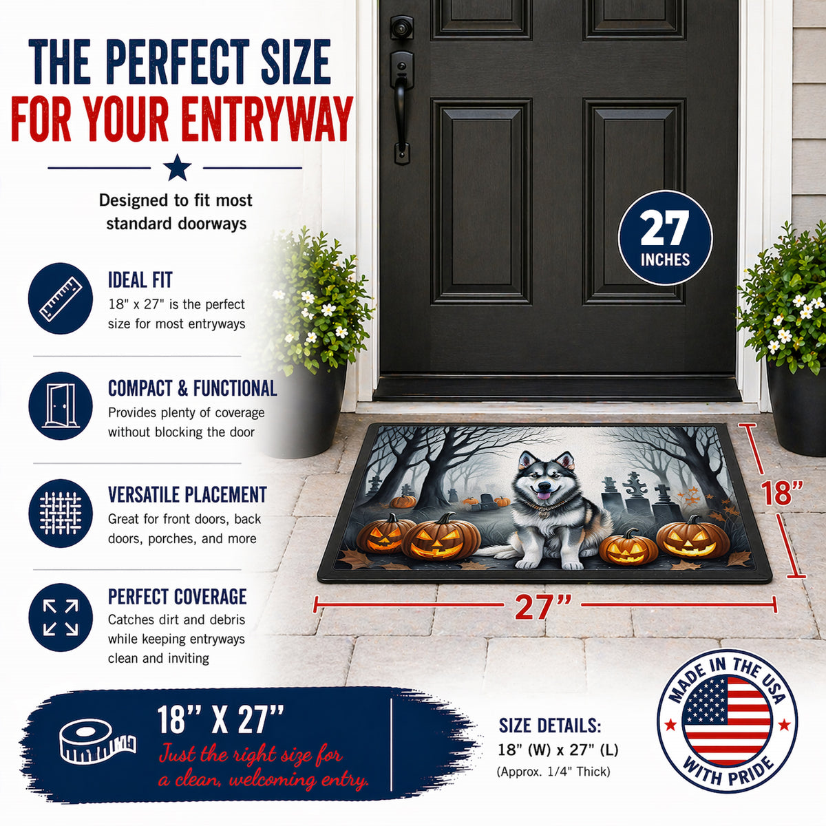 Caroline's Treasures DAC2007MAT Alaskan Malamute Spooky Halloween Doormat 18x27 Front Door Mat Indoor Outdoor Rugs for Entryway, Non Slip Washable Low Pile, 18H X 27W