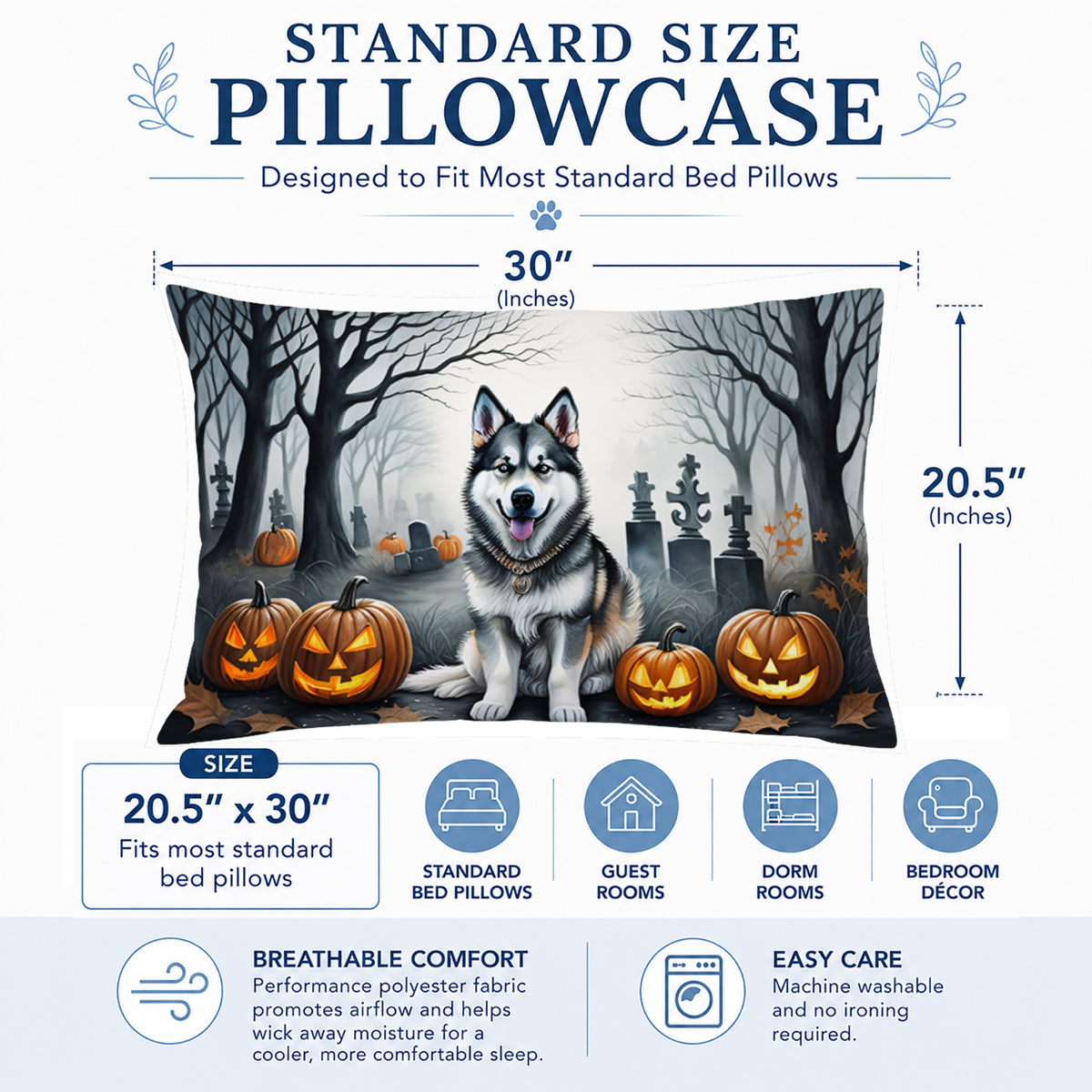 Caroline's Treasures DAC2007PILLOWCASE Alaskan Malamute Spooky Halloween Fabric Standard Pillowcase Lightweight Super Soft Easy Care Decorative Artwork Pillowcase, Standard