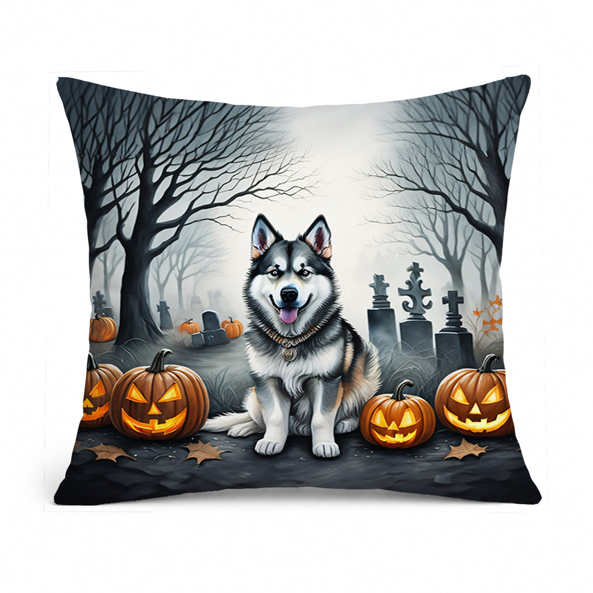 Caroline's Treasures DAC2007PW1414 Alaskan Malamute Spooky Halloween Fabric Decorative Pillow Machine Washable, Indoor Outdoor Decorative Pillow for Couch, Bed or Patio, 14Hx14W