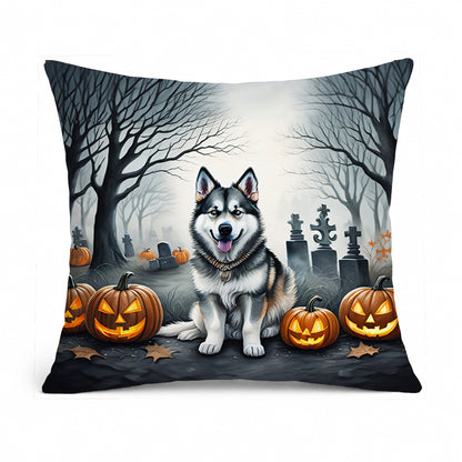 Caroline's Treasures DAC2007PW1414 Alaskan Malamute Spooky Halloween Fabric Decorative Pillow Machine Washable, Indoor Outdoor Decorative Pillow for Couch, Bed or Patio, 14Hx14W
