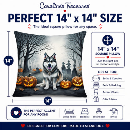 Caroline's Treasures DAC2007PW1414 Alaskan Malamute Spooky Halloween Fabric Decorative Pillow Machine Washable, Indoor Outdoor Decorative Pillow for Couch, Bed or Patio, 14Hx14W