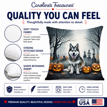Caroline's Treasures DAC2007PW1414 Alaskan Malamute Spooky Halloween Fabric Decorative Pillow Machine Washable, Indoor Outdoor Decorative Pillow for Couch, Bed or Patio, 14Hx14W