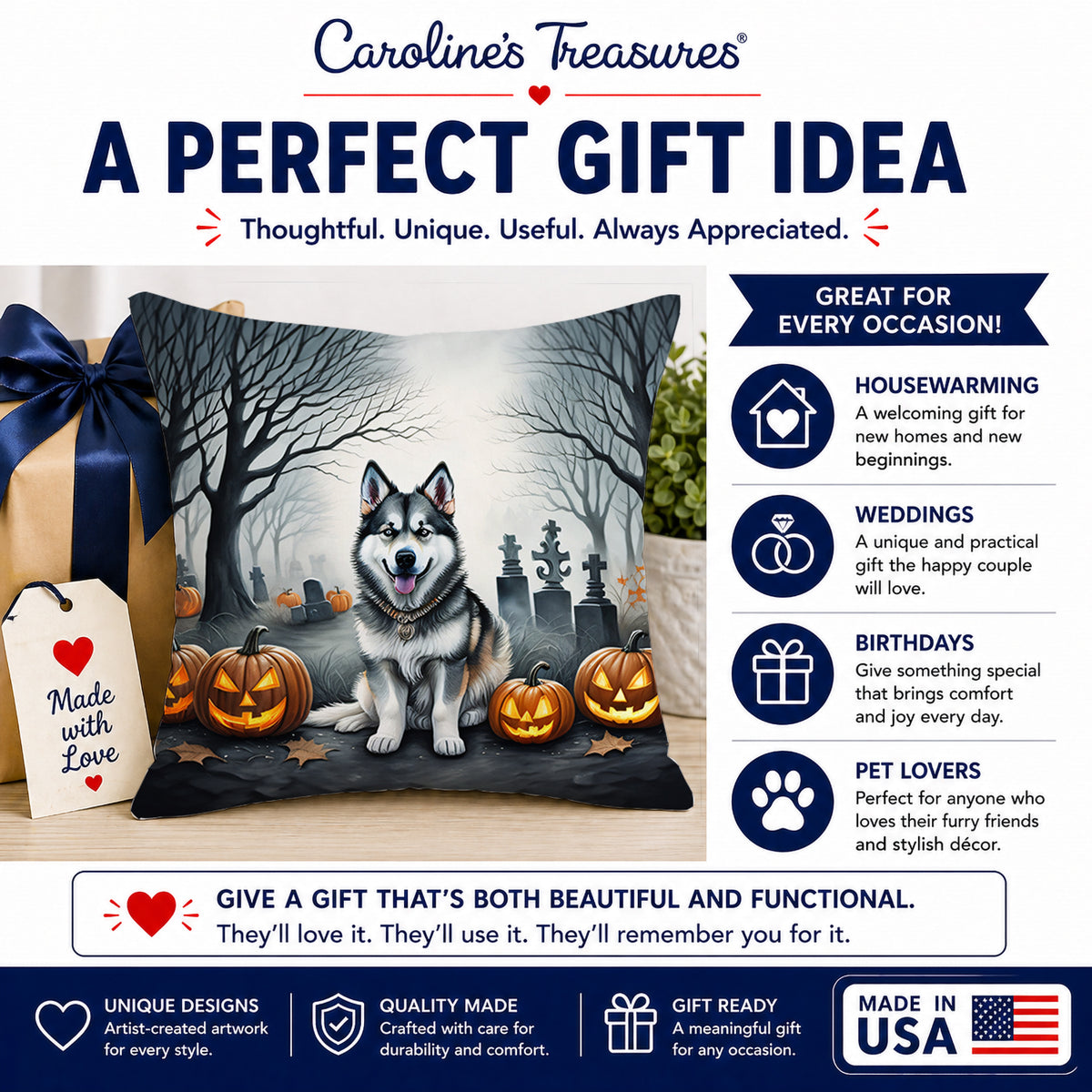 Caroline's Treasures DAC2007PW1414 Alaskan Malamute Spooky Halloween Fabric Decorative Pillow Machine Washable, Indoor Outdoor Decorative Pillow for Couch, Bed or Patio, 14Hx14W