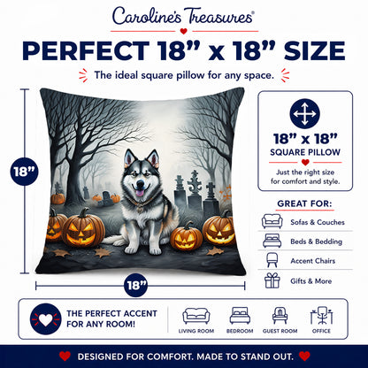 Caroline's Treasures DAC2007PW1818 Alaskan Malamute Spooky Halloween Fabric Decorative Pillow Machine Washable, Indoor Outdoor Decorative Pillow for Couch, Bed or Patio, 18Hx18W