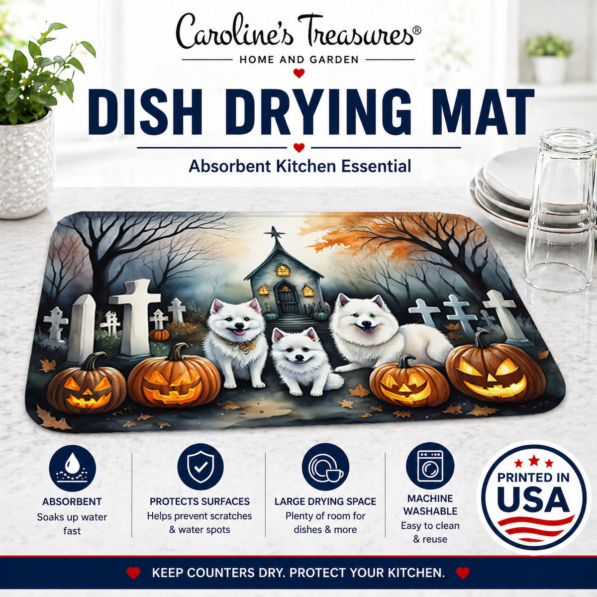 Caroline's Treasures DAC2008DDM American Eskimo Spooky Halloween Dish Drying Mat Absorbent Dish Drying Mat Pad for Kitchen Counter Dish Drainer Mat for Countertop, 14 x 21, Multicolor