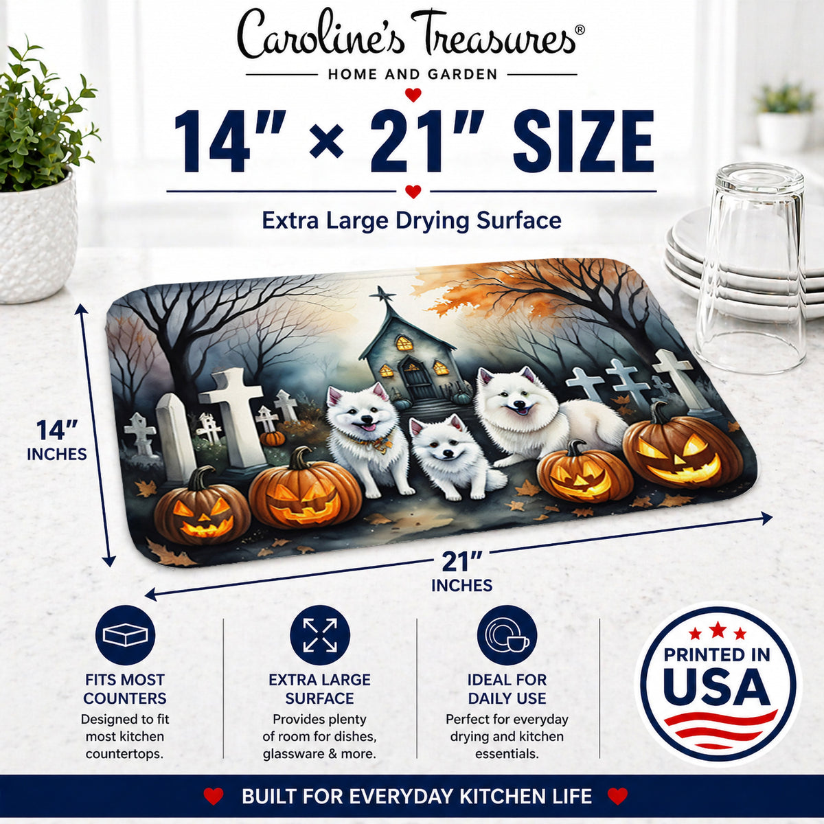 Caroline's Treasures DAC2008DDM American Eskimo Spooky Halloween Dish Drying Mat Absorbent Dish Drying Mat Pad for Kitchen Counter Dish Drainer Mat for Countertop, 14 x 21, Multicolor