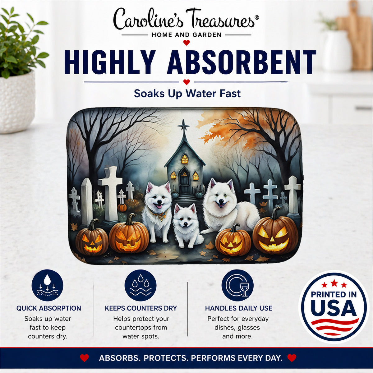 Caroline's Treasures DAC2008DDM American Eskimo Spooky Halloween Dish Drying Mat Absorbent Dish Drying Mat Pad for Kitchen Counter Dish Drainer Mat for Countertop, 14 x 21, Multicolor