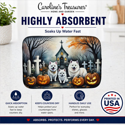 Caroline's Treasures DAC2008DDM American Eskimo Spooky Halloween Dish Drying Mat Absorbent Dish Drying Mat Pad for Kitchen Counter Dish Drainer Mat for Countertop, 14 x 21, Multicolor