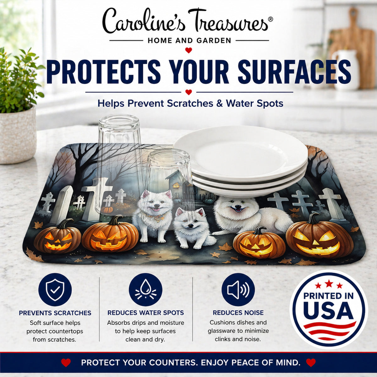 Caroline's Treasures DAC2008DDM American Eskimo Spooky Halloween Dish Drying Mat Absorbent Dish Drying Mat Pad for Kitchen Counter Dish Drainer Mat for Countertop, 14 x 21, Multicolor