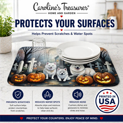 Caroline's Treasures DAC2008DDM American Eskimo Spooky Halloween Dish Drying Mat Absorbent Dish Drying Mat Pad for Kitchen Counter Dish Drainer Mat for Countertop, 14 x 21, Multicolor