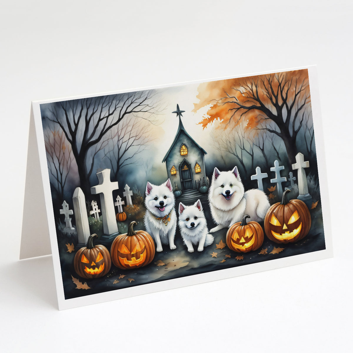Caroline's Treasures DAC2008GCA7P American Eskimo Spooky Halloween Greeting Cards and Envelopes Pack of 8 Blank Cards with Envelopes Whimsical A7 Size 5x7 Blank Greeting Cards