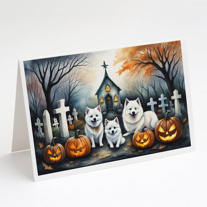 Caroline's Treasures DAC2008GCA7P American Eskimo Spooky Halloween Greeting Cards and Envelopes Pack of 8 Blank Cards with Envelopes Whimsical A7 Size 5x7 Blank Greeting Cards
