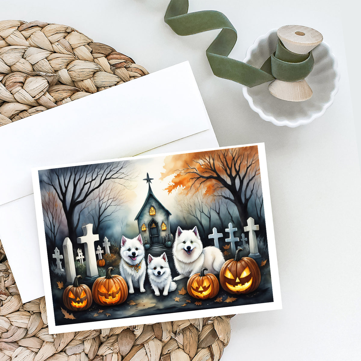 Caroline's Treasures DAC2008GCA7P American Eskimo Spooky Halloween Greeting Cards and Envelopes Pack of 8 Blank Cards with Envelopes Whimsical A7 Size 5x7 Blank Greeting Cards