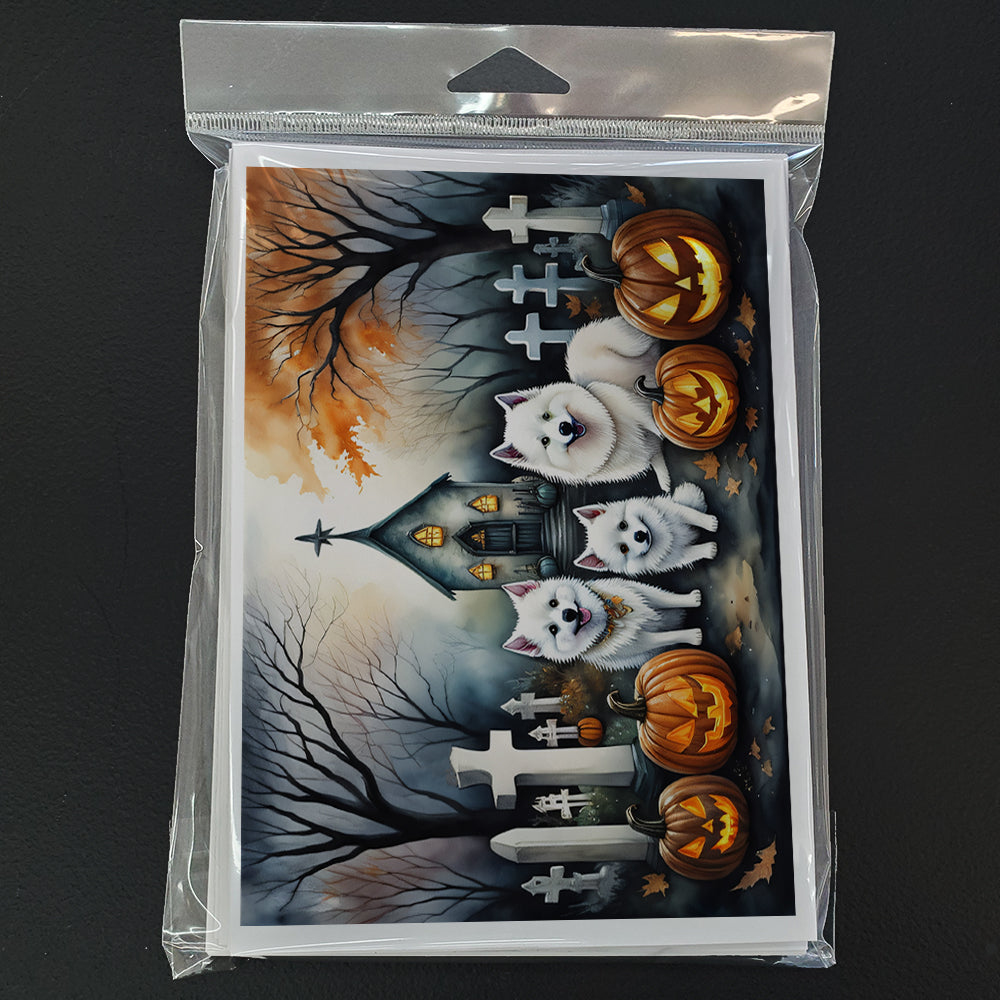 Caroline's Treasures DAC2008GCA7P American Eskimo Spooky Halloween Greeting Cards and Envelopes Pack of 8 Blank Cards with Envelopes Whimsical A7 Size 5x7 Blank Greeting Cards