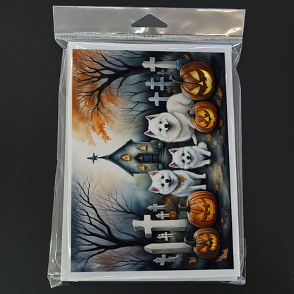 Caroline's Treasures DAC2008GCA7P American Eskimo Spooky Halloween Greeting Cards and Envelopes Pack of 8 Blank Cards with Envelopes Whimsical A7 Size 5x7 Blank Greeting Cards