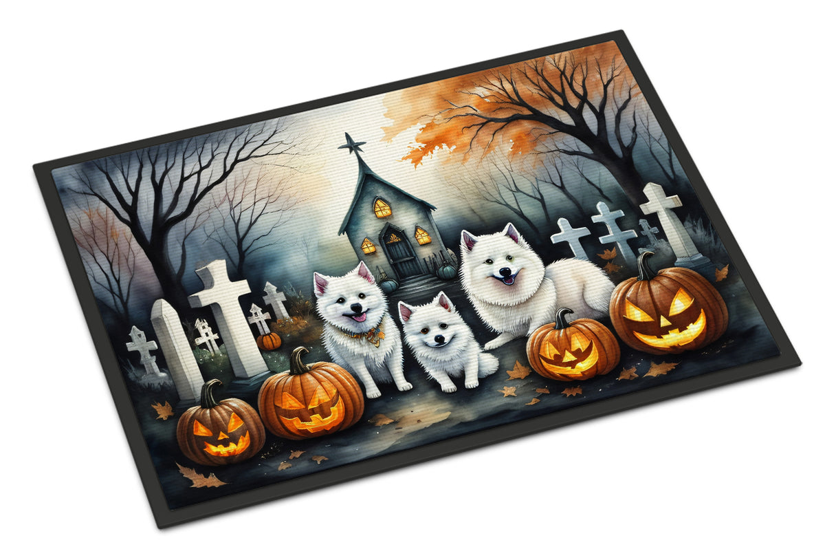 Caroline's Treasures DAC2008JMAT American Eskimo Spooky Halloween Indoor or Outdoor Mat 24x36 Front Door Mat Indoor Outdoor Rugs for Entryway, Non Slip Washable Low Pile, 24H X 36W