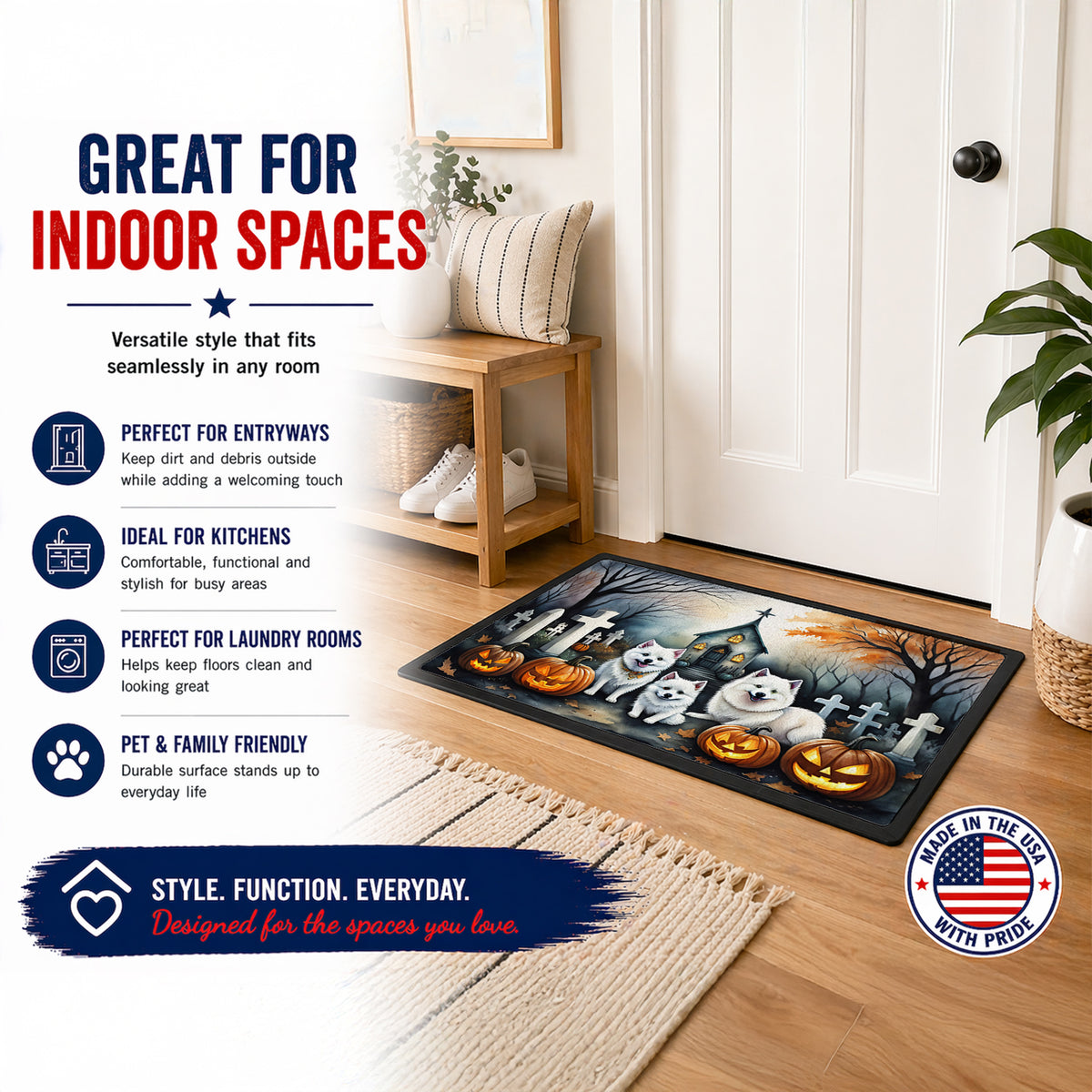 Caroline's Treasures DAC2008JMAT American Eskimo Spooky Halloween Indoor or Outdoor Mat 24x36 Front Door Mat Indoor Outdoor Rugs for Entryway, Non Slip Washable Low Pile, 24H X 36W