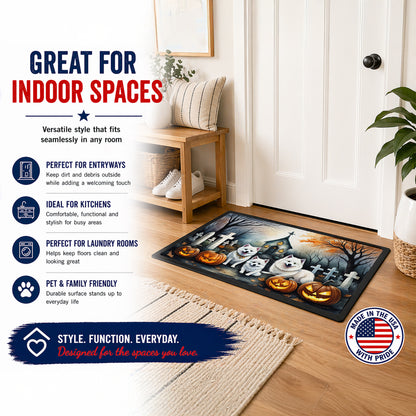 Caroline's Treasures DAC2008JMAT American Eskimo Spooky Halloween Indoor or Outdoor Mat 24x36 Front Door Mat Indoor Outdoor Rugs for Entryway, Non Slip Washable Low Pile, 24H X 36W