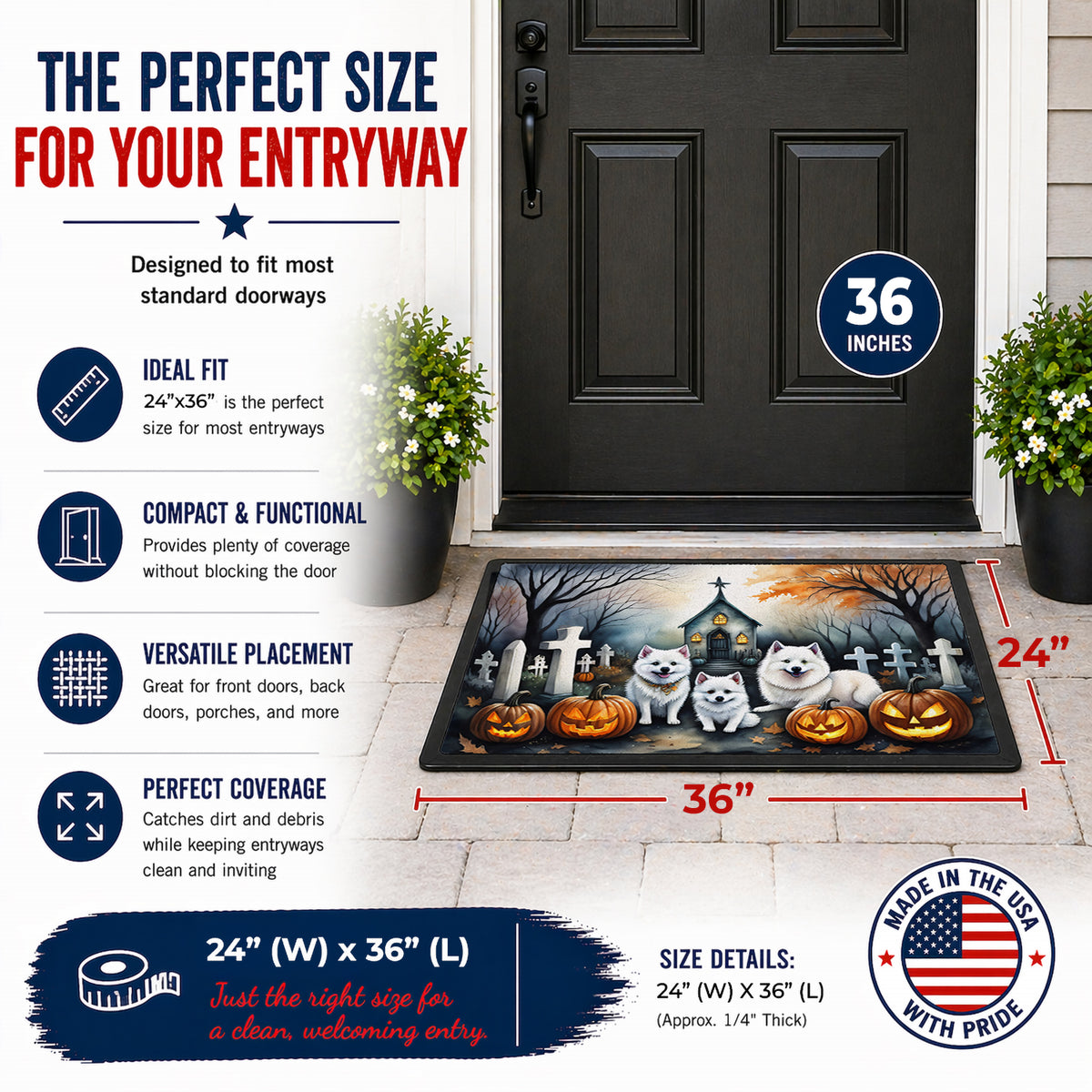 Caroline's Treasures DAC2008JMAT American Eskimo Spooky Halloween Indoor or Outdoor Mat 24x36 Front Door Mat Indoor Outdoor Rugs for Entryway, Non Slip Washable Low Pile, 24H X 36W