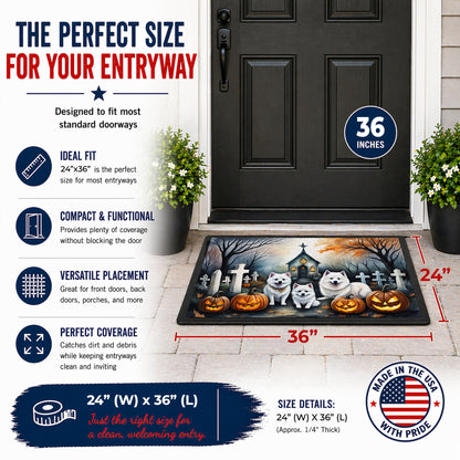 Caroline's Treasures DAC2008JMAT American Eskimo Spooky Halloween Indoor or Outdoor Mat 24x36 Front Door Mat Indoor Outdoor Rugs for Entryway, Non Slip Washable Low Pile, 24H X 36W
