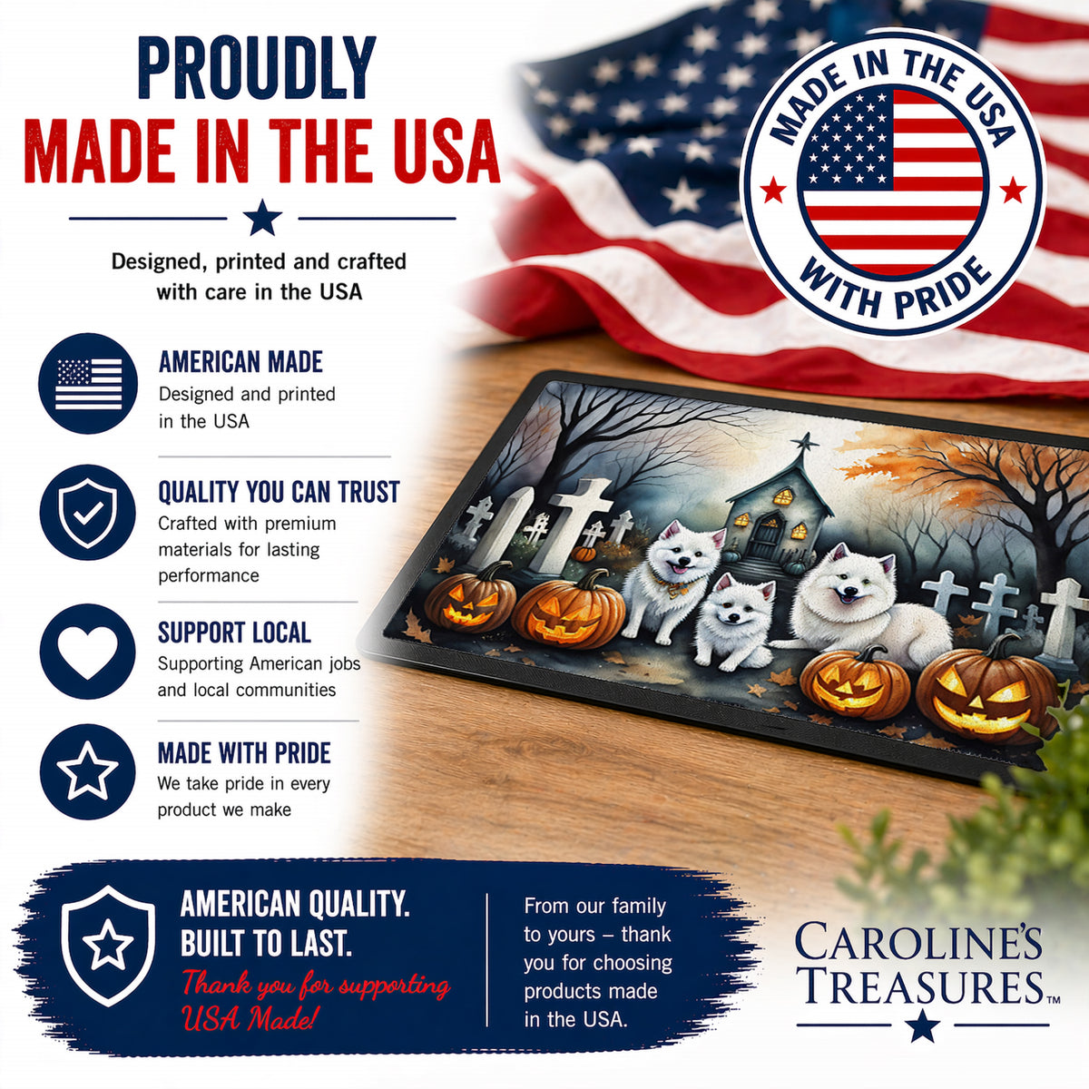 Caroline's Treasures DAC2008JMAT American Eskimo Spooky Halloween Indoor or Outdoor Mat 24x36 Front Door Mat Indoor Outdoor Rugs for Entryway, Non Slip Washable Low Pile, 24H X 36W