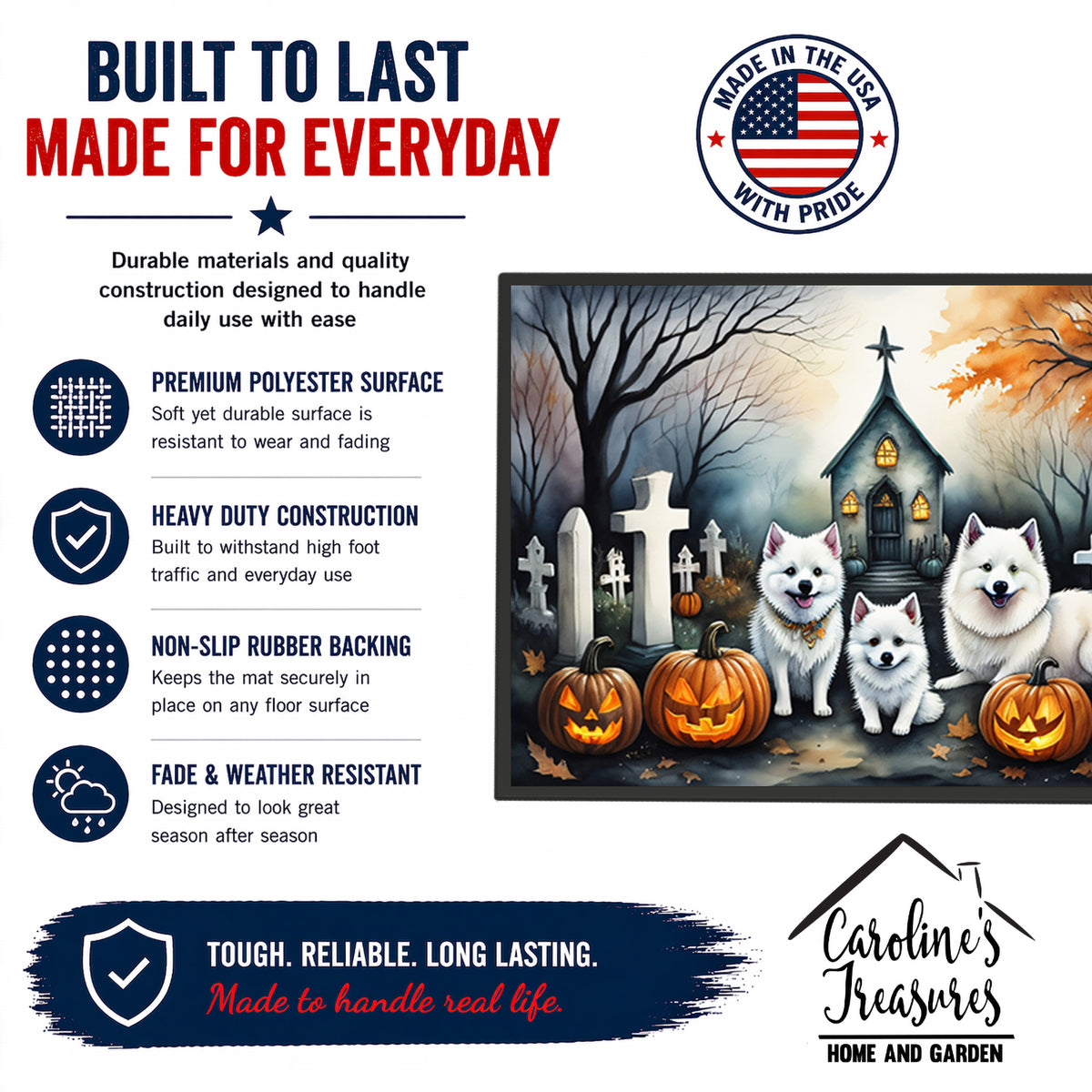 Caroline's Treasures DAC2008JMAT American Eskimo Spooky Halloween Indoor or Outdoor Mat 24x36 Front Door Mat Indoor Outdoor Rugs for Entryway, Non Slip Washable Low Pile, 24H X 36W