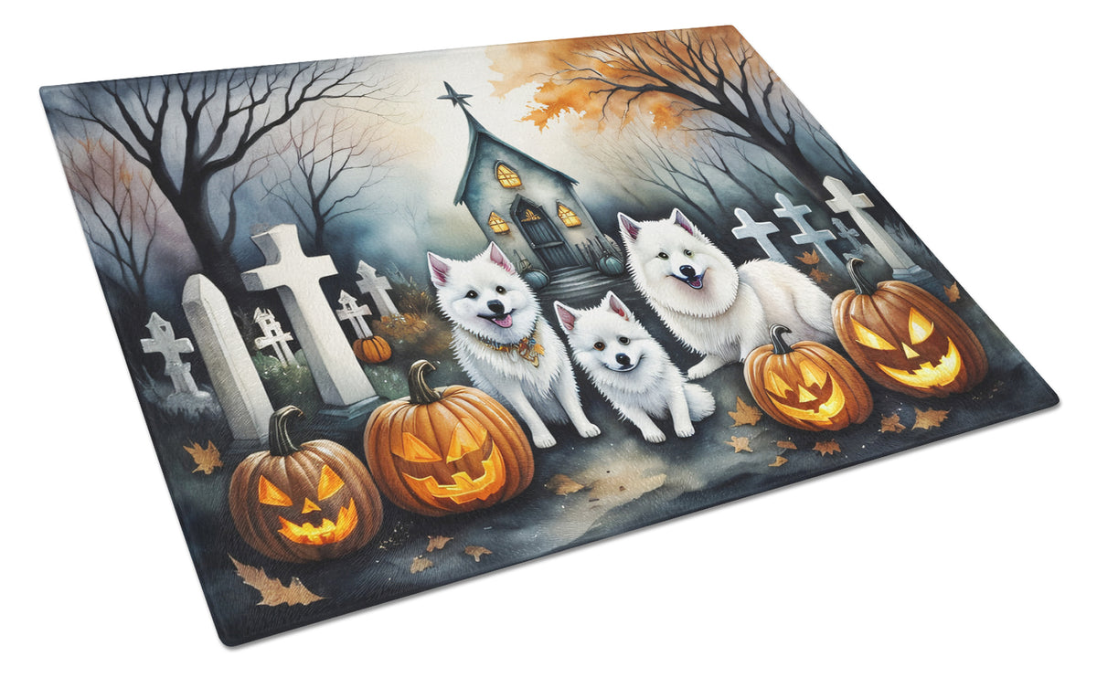 Caroline's Treasures DAC2008LCB American Eskimo Spooky Halloween Glass Cutting Board Large Decorative Tempered Glass Kitchen Cutting and Serving Board Large Size Chopping Board
