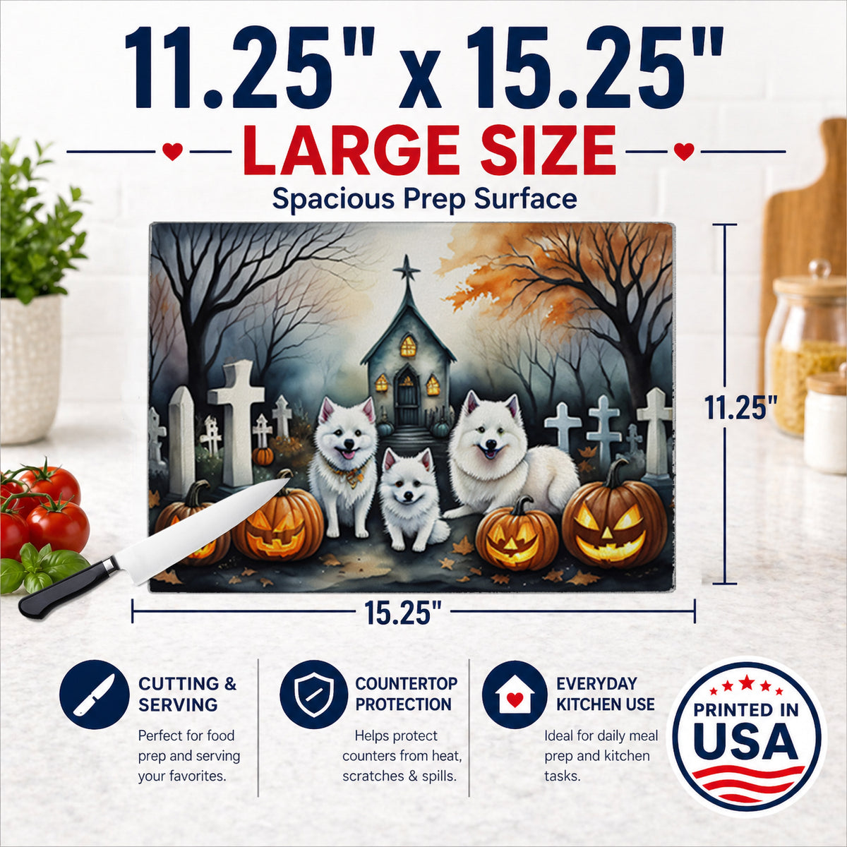 Caroline's Treasures DAC2008LCB American Eskimo Spooky Halloween Glass Cutting Board Large Decorative Tempered Glass Kitchen Cutting and Serving Board Large Size Chopping Board