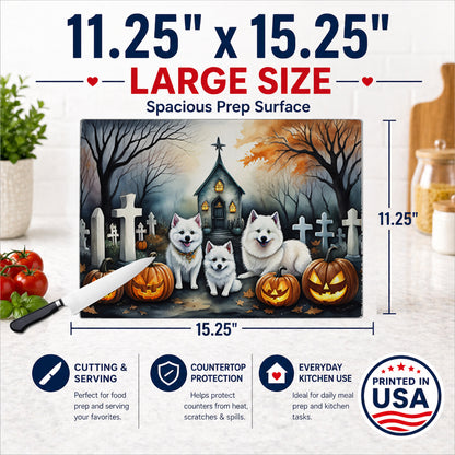 Caroline's Treasures DAC2008LCB American Eskimo Spooky Halloween Glass Cutting Board Large Decorative Tempered Glass Kitchen Cutting and Serving Board Large Size Chopping Board