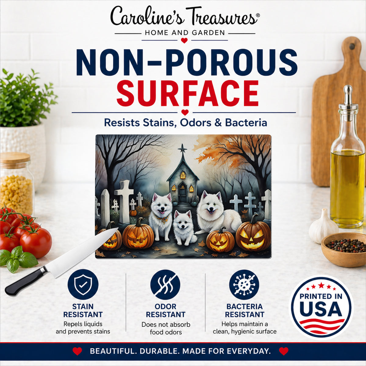 Caroline's Treasures DAC2008LCB American Eskimo Spooky Halloween Glass Cutting Board Large Decorative Tempered Glass Kitchen Cutting and Serving Board Large Size Chopping Board