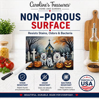 Caroline's Treasures DAC2008LCB American Eskimo Spooky Halloween Glass Cutting Board Large Decorative Tempered Glass Kitchen Cutting and Serving Board Large Size Chopping Board
