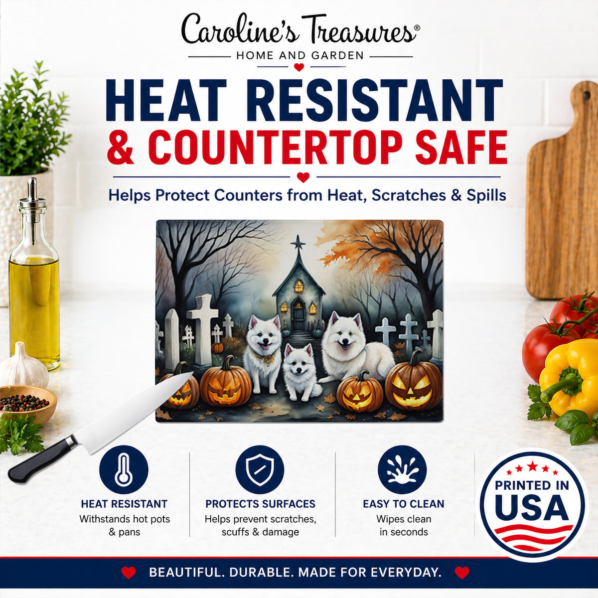 Caroline's Treasures DAC2008LCB American Eskimo Spooky Halloween Glass Cutting Board Large Decorative Tempered Glass Kitchen Cutting and Serving Board Large Size Chopping Board