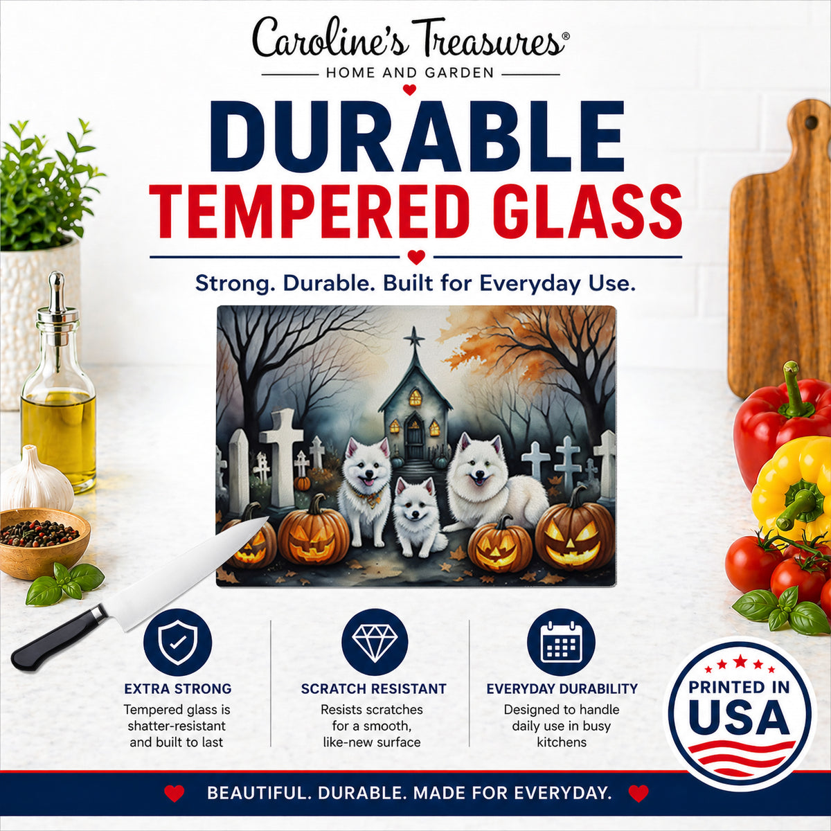 Caroline's Treasures DAC2008LCB American Eskimo Spooky Halloween Glass Cutting Board Large Decorative Tempered Glass Kitchen Cutting and Serving Board Large Size Chopping Board