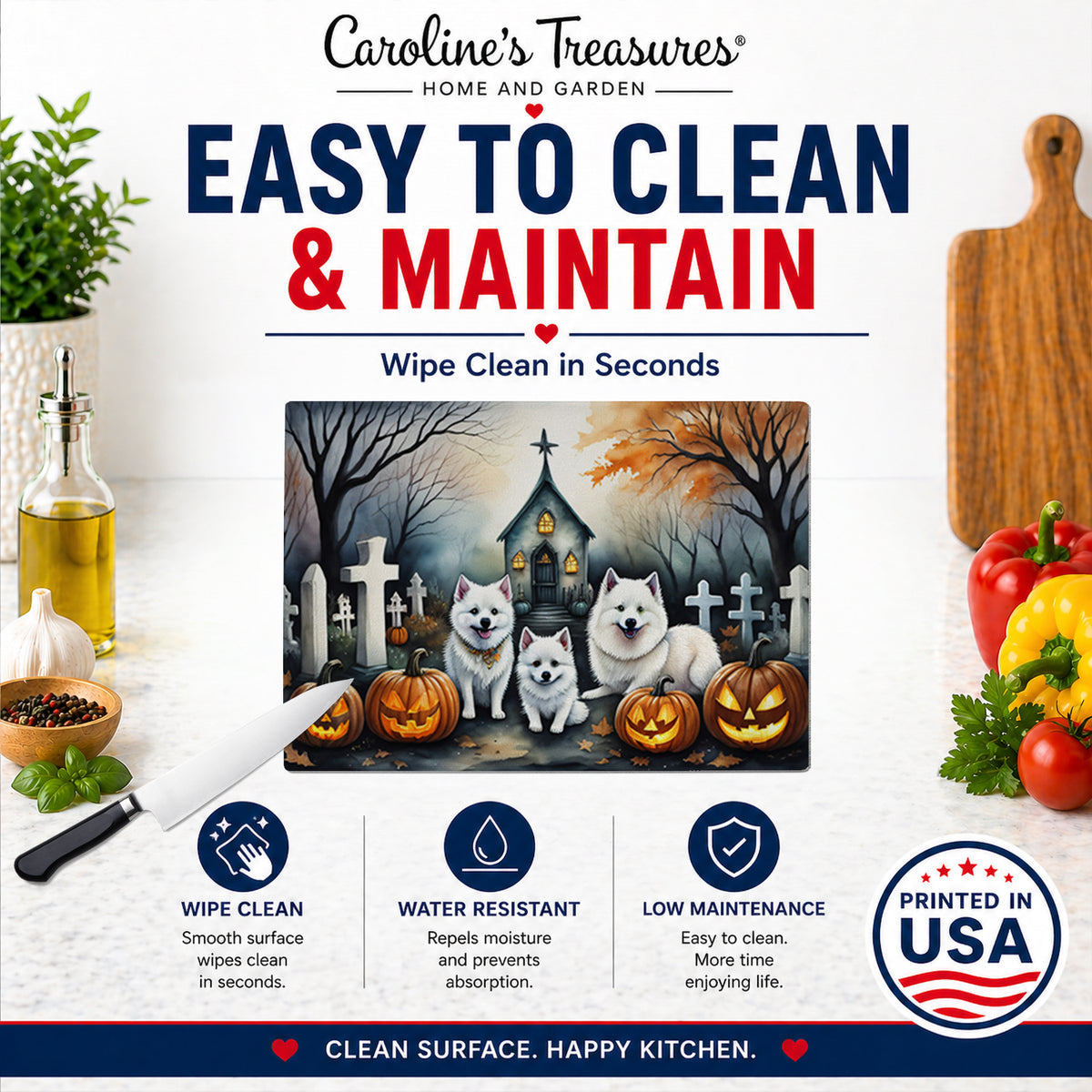 Caroline's Treasures DAC2008LCB American Eskimo Spooky Halloween Glass Cutting Board Large Decorative Tempered Glass Kitchen Cutting and Serving Board Large Size Chopping Board