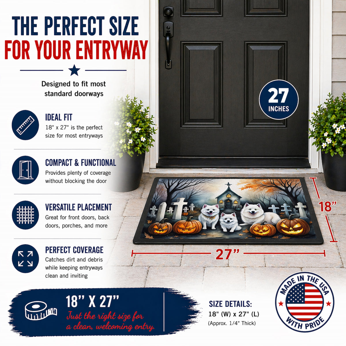 Caroline's Treasures DAC2008MAT American Eskimo Spooky Halloween Doormat 18x27 Front Door Mat Indoor Outdoor Rugs for Entryway, Non Slip Washable Low Pile, 18H X 27W
