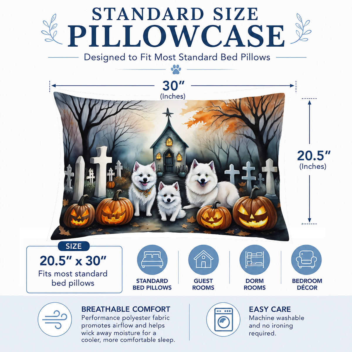 Caroline's Treasures DAC2008PILLOWCASE American Eskimo Spooky Halloween Fabric Standard Pillowcase Lightweight Super Soft Easy Care Decorative Artwork Pillowcase, Standard