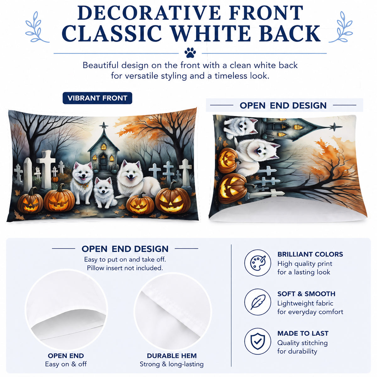 Caroline's Treasures DAC2008PILLOWCASE American Eskimo Spooky Halloween Fabric Standard Pillowcase Lightweight Super Soft Easy Care Decorative Artwork Pillowcase, Standard