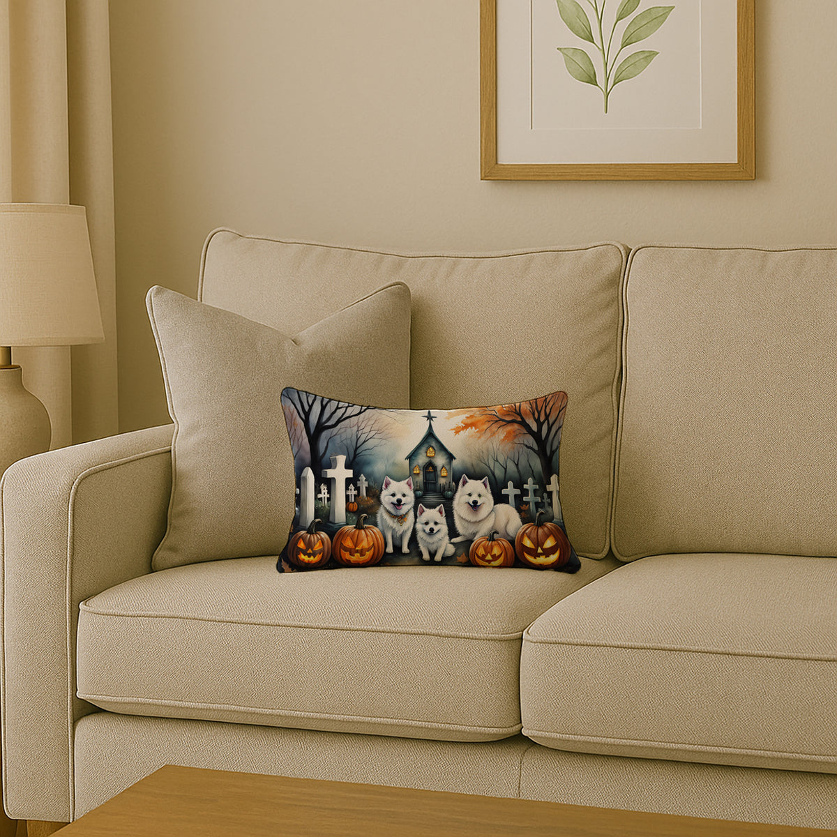Caroline's Treasures DAC2008PW1216 American Eskimo Spooky Halloween Fabric Decorative Pillow Machine Washable, Indoor Outdoor Decorative Pillow for Couch, Bed or Patio, 12HX16W