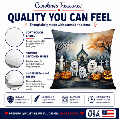 Caroline's Treasures DAC2008PW1414 American Eskimo Spooky Halloween Fabric Decorative Pillow Machine Washable, Indoor Outdoor Decorative Pillow for Couch, Bed or Patio, 14Hx14W
