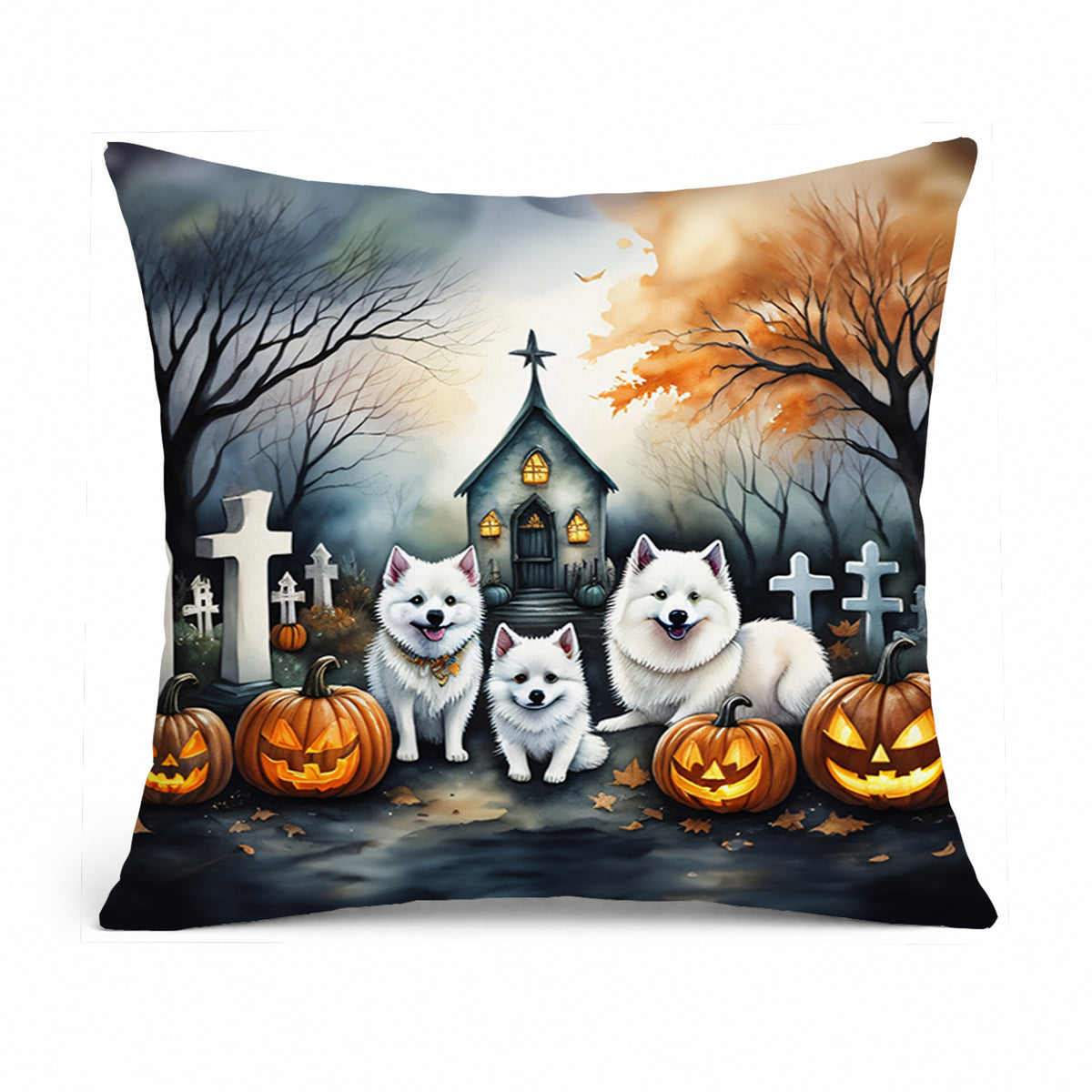 Caroline's Treasures DAC2008PW1818 American Eskimo Spooky Halloween Fabric Decorative Pillow Machine Washable, Indoor Outdoor Decorative Pillow for Couch, Bed or Patio, 18Hx18W