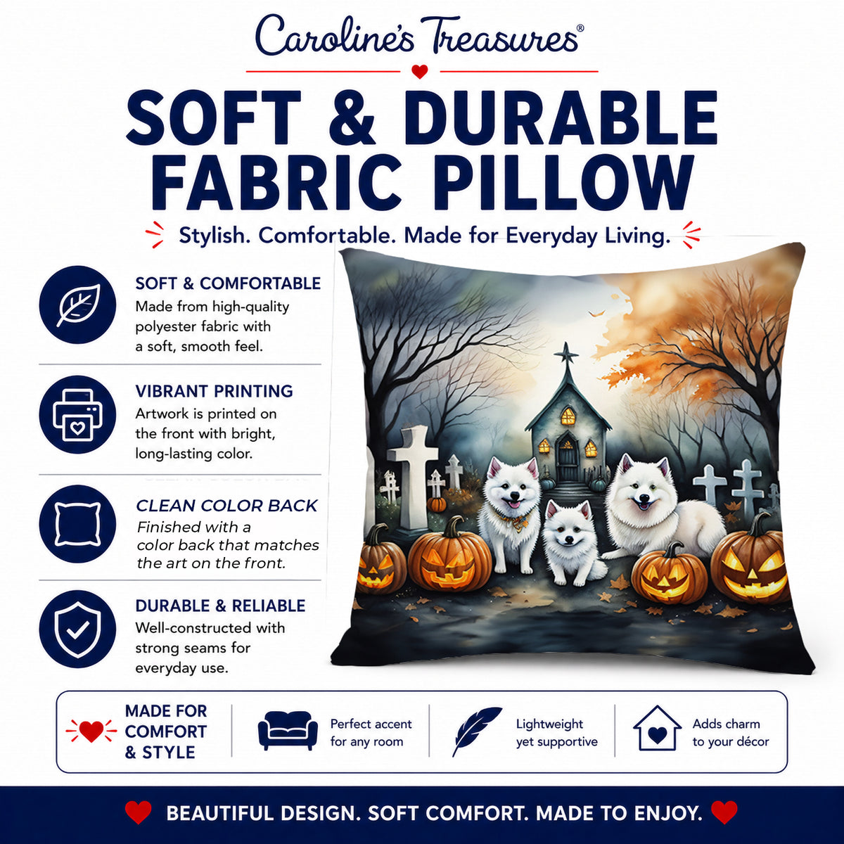 Caroline's Treasures DAC2008PW1818 American Eskimo Spooky Halloween Fabric Decorative Pillow Machine Washable, Indoor Outdoor Decorative Pillow for Couch, Bed or Patio, 18Hx18W
