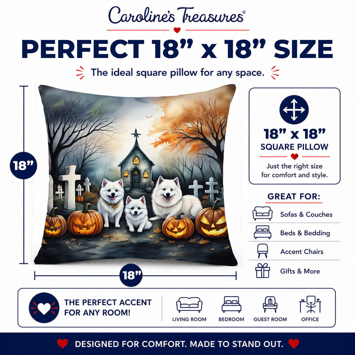 Caroline's Treasures DAC2008PW1818 American Eskimo Spooky Halloween Fabric Decorative Pillow Machine Washable, Indoor Outdoor Decorative Pillow for Couch, Bed or Patio, 18Hx18W