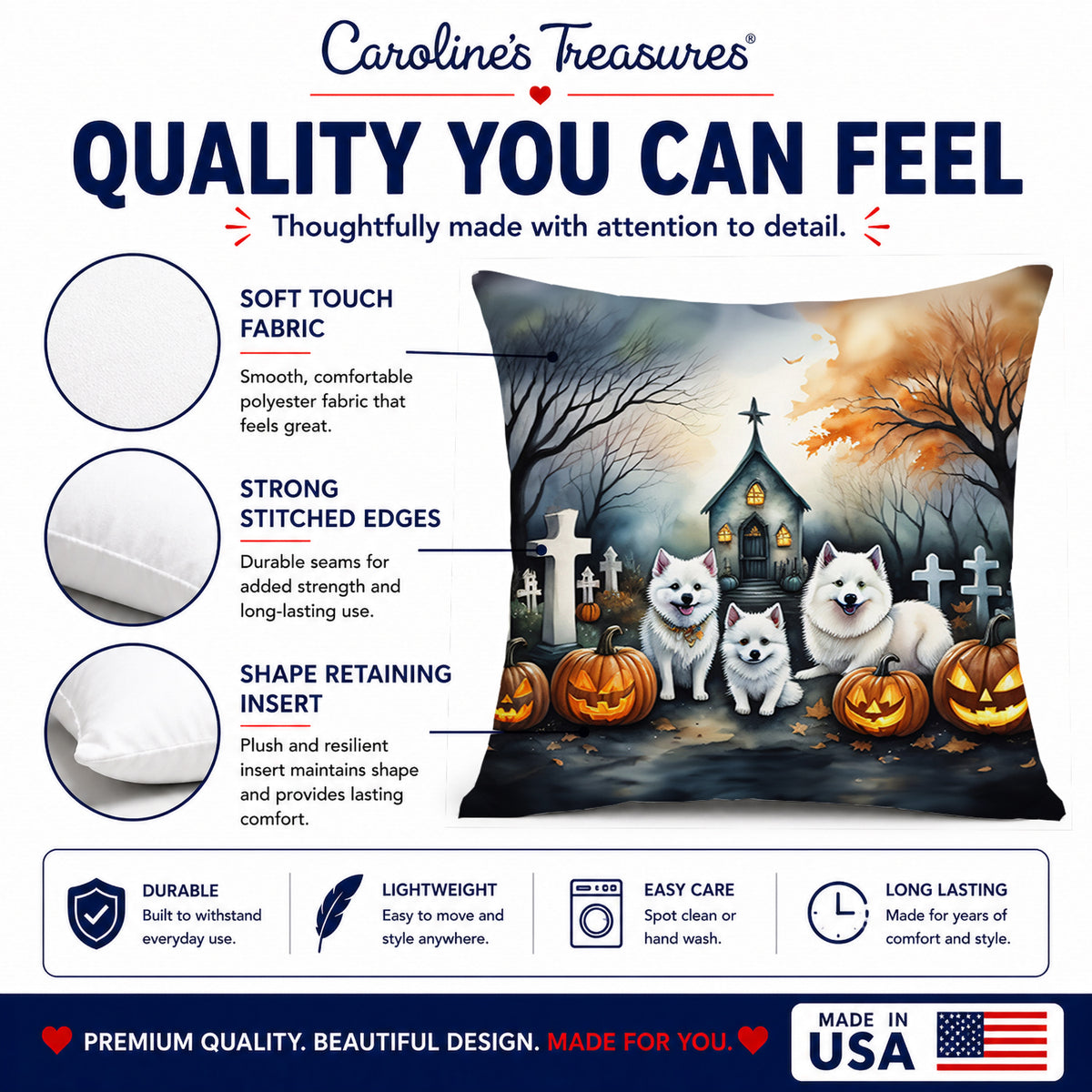 Caroline's Treasures DAC2008PW1818 American Eskimo Spooky Halloween Fabric Decorative Pillow Machine Washable, Indoor Outdoor Decorative Pillow for Couch, Bed or Patio, 18Hx18W
